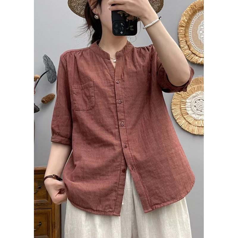 Women Red Stand Collar Striped Cotton Shirt Half Sleeve