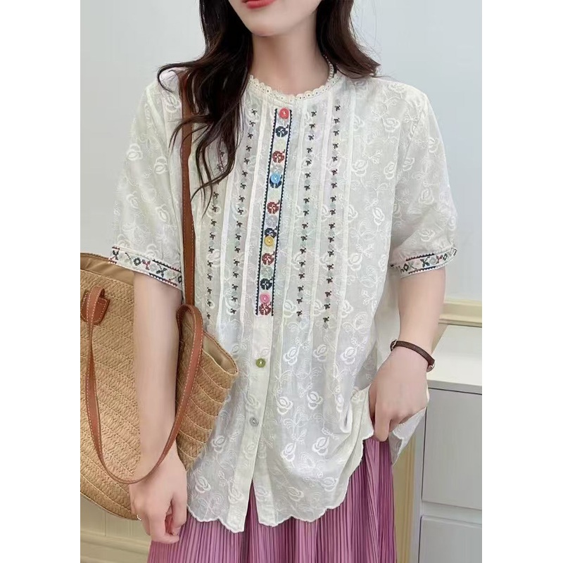 Women White Embroidered Lace Loose Shirts Summer