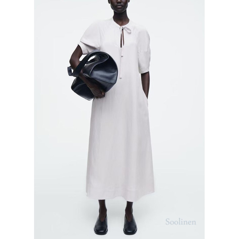 Women White Tie Neck Cotton Tunic Dress Summer