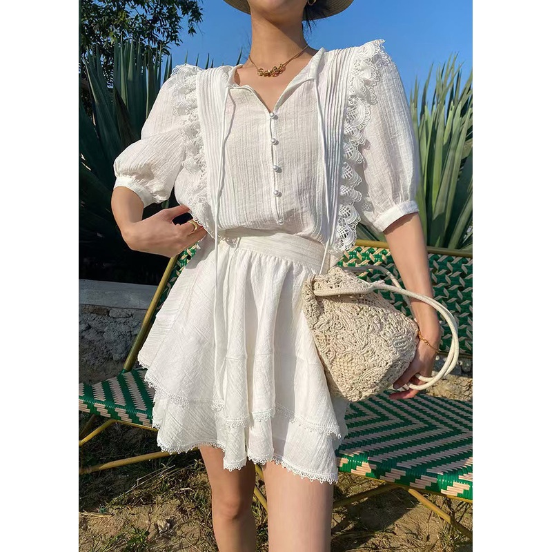 Art White Lace Up Lace Shirts And Skirts Cotton Two-Piece Set Summer