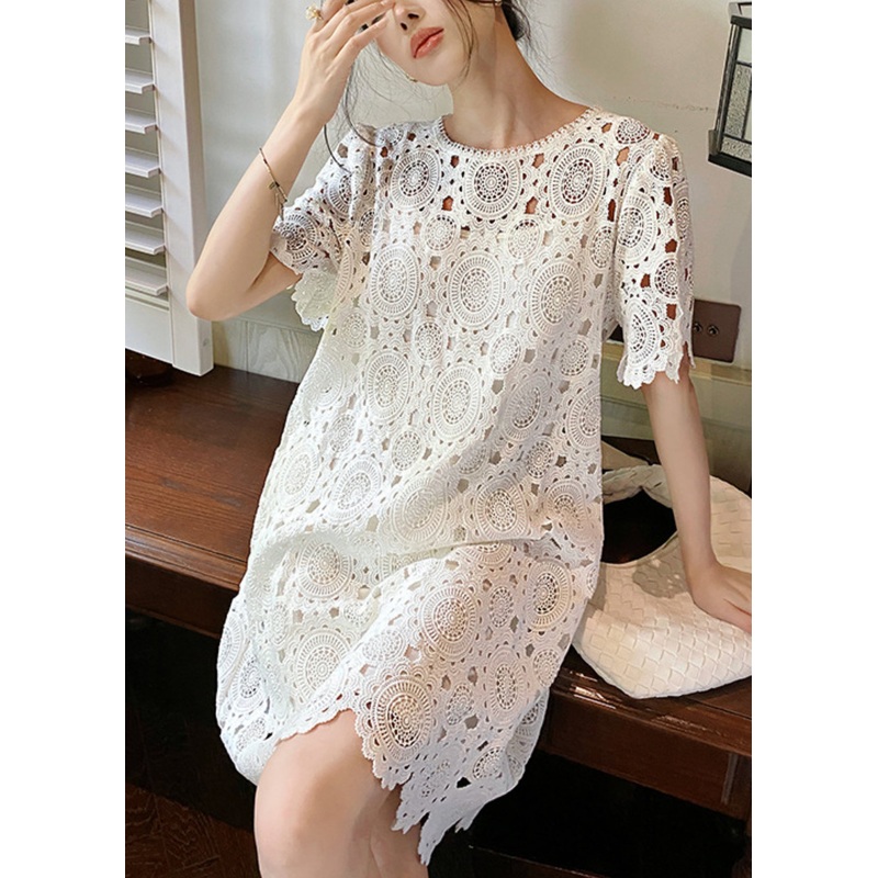 Art White O-Neck Hollow Out Cotton Dresses Summer