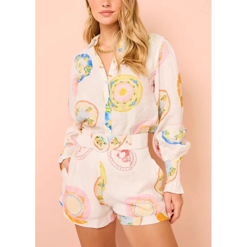 Beautiful White Print Button Shirts And Shorts Two Pieces Set Spring