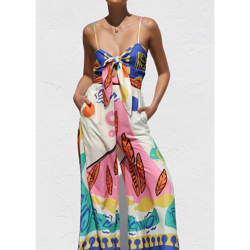 Boutique Printed Waistcinched Tieknot Wideleg Straight Tube Romper Sleeveless