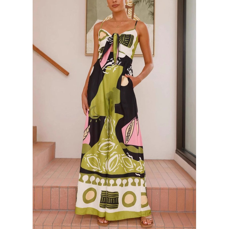 French Green Slash Neck High Waist Jumpsuit Sleeveless