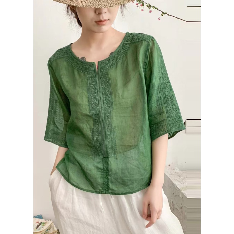 Grass Green Linen Shirts O-Neck Embroidered Summer