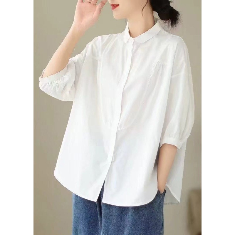 Simple White Oversized Cotton Blouse Tops Bracelet Sleeve