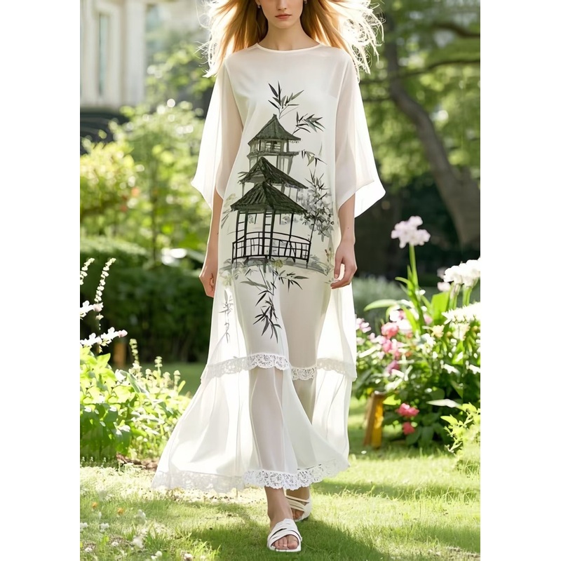 Art White Patchwork Draping Chiffon Maxi Dresses Summer