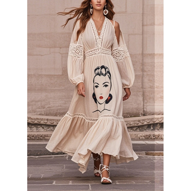 Art White Print Patchwork Hollow Out Cotton Dress Summer