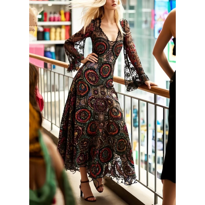 Beautiful Black Print d Hollow Out Lace Dinner Dresses Summer