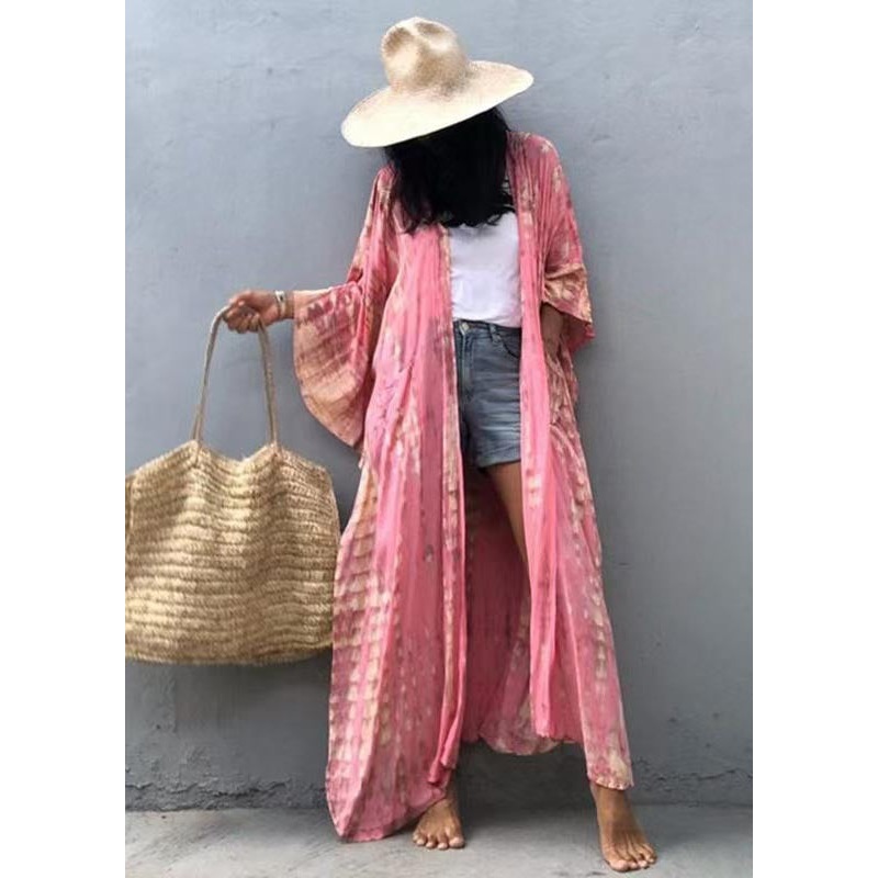Beautiful Pink Hooded Print Cotton Loose Cardigan Summer