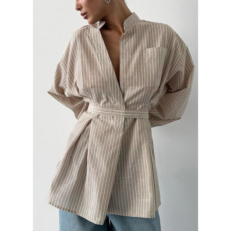Boho Khaki Striped Linen Tunic Shirt Top Fall