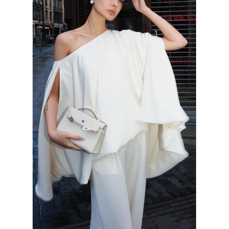 Elegant White One Shoulder Cotton Tops Batwing Sleeve