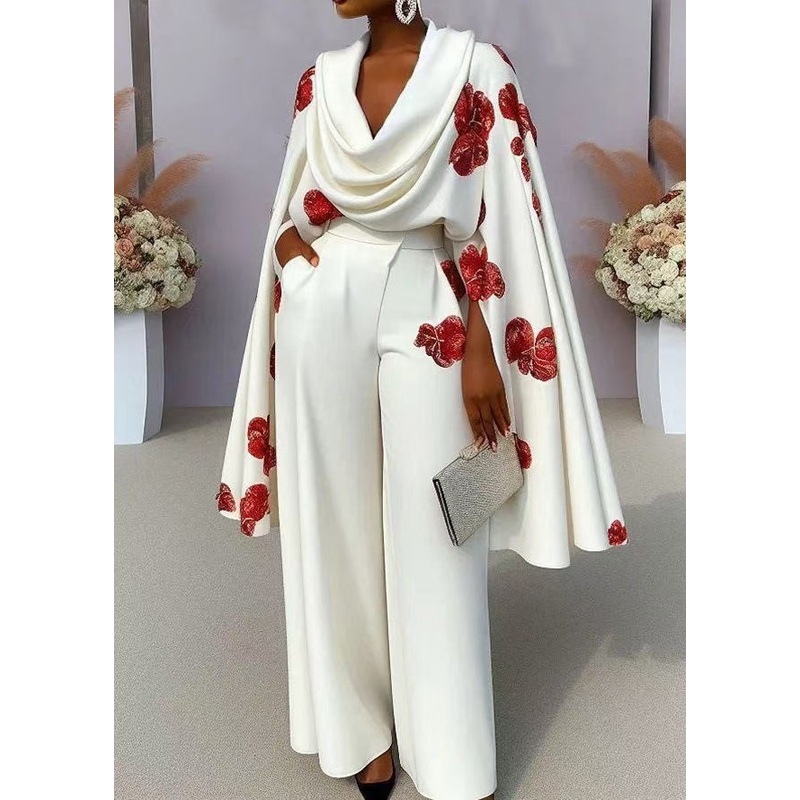 Unique White Turtle Neck Print Cotton Tops Cloak Sleeves