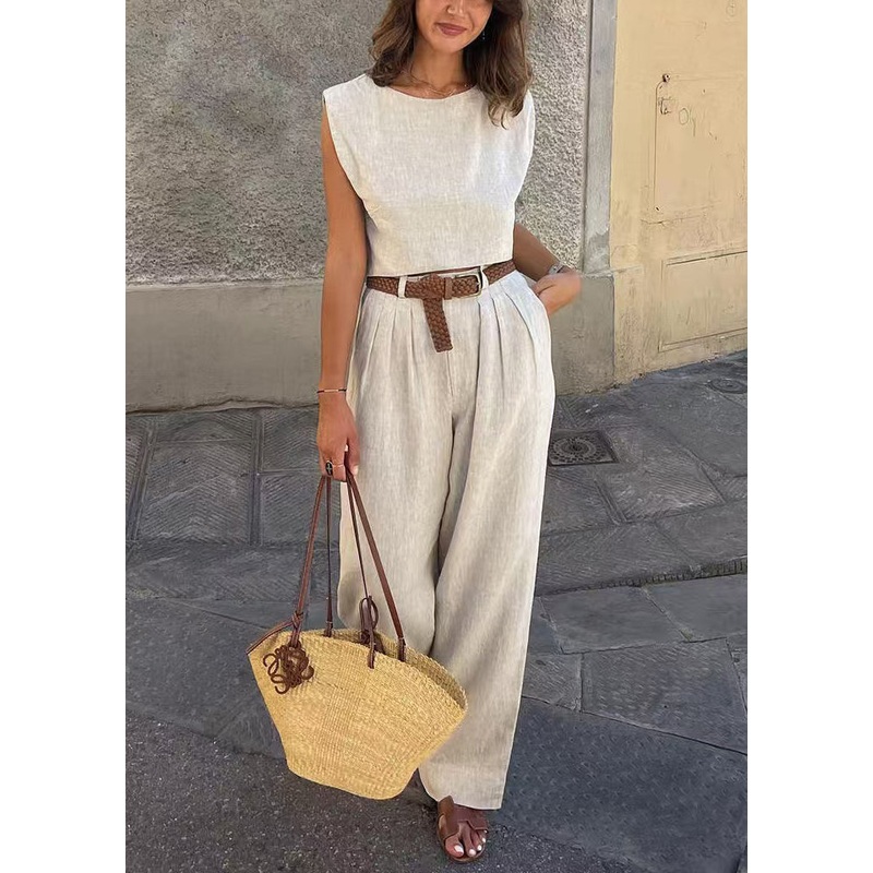 Vintage Beige Linen Vests And Wide Leg Pants Two-Piece Set Sleeveless