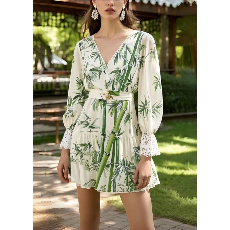 Women Bamboo Print Chiffon Mini Dress Summer