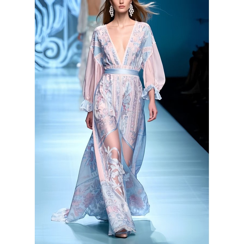 Women Blue Jacquard Patchwork Chiffon Long Dresses Summer