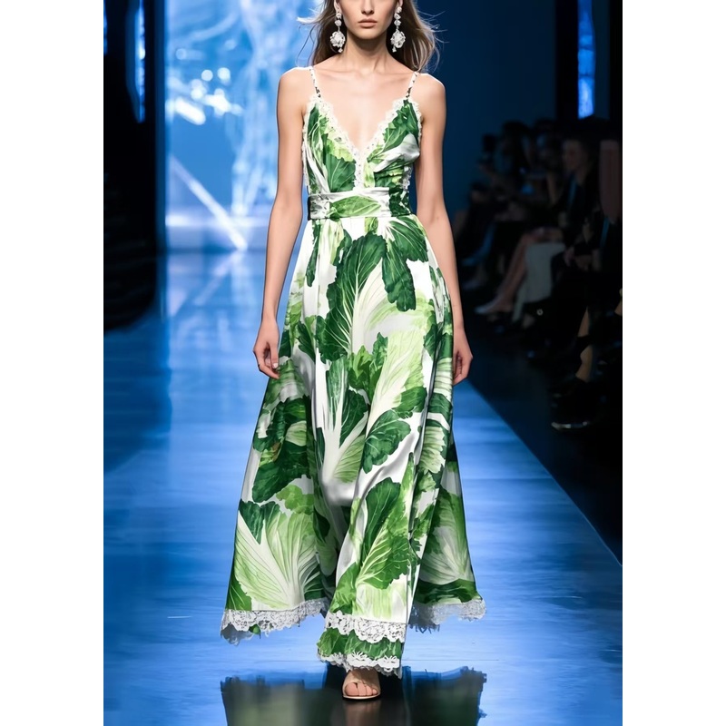 Women Chinese Cabbage Print Patchwork Lace Spaghetti Strap Dress Dress Summer