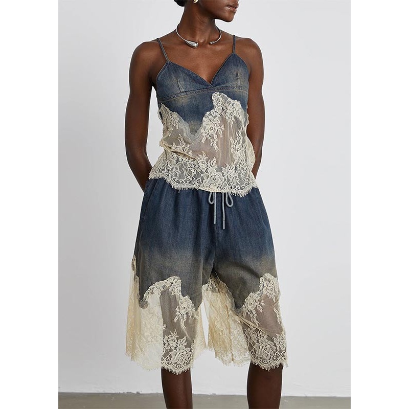 Women Navy Lace Patchwork Denim Vests And Skirts Two Pieces Set Summer