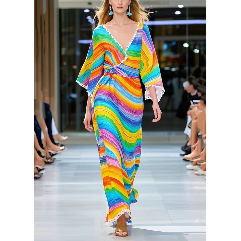 Women Rainbow V Neck Striped Chiffon Dress Summer
