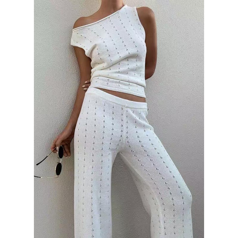 Women White Hollow Out Flatering Knit Vests And Straight Pants Two Piece Set Sleeveless