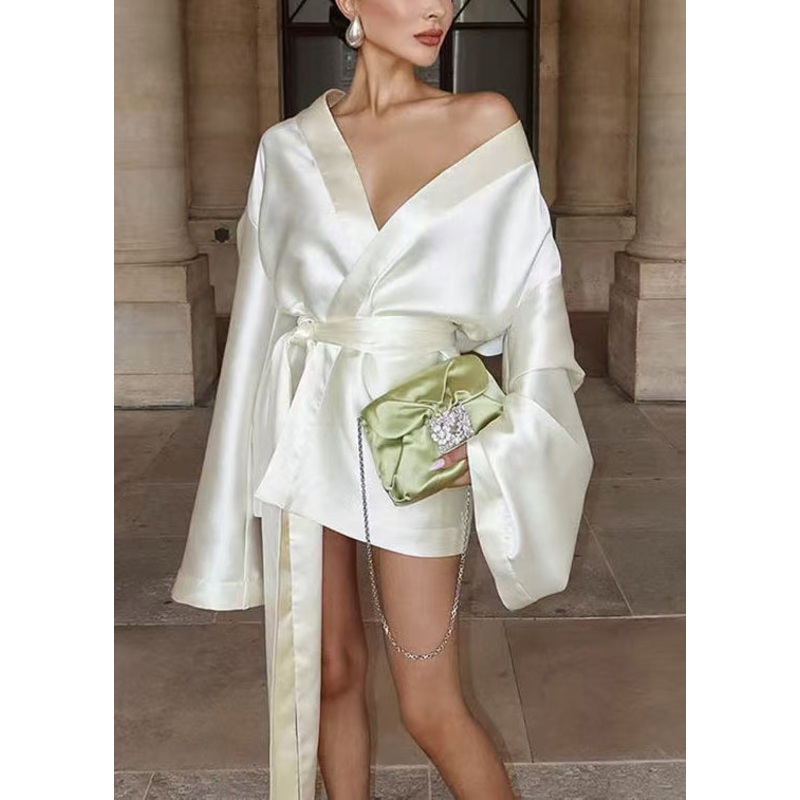 Women White Tie Waist Draping Silk Mini Dresses Summer