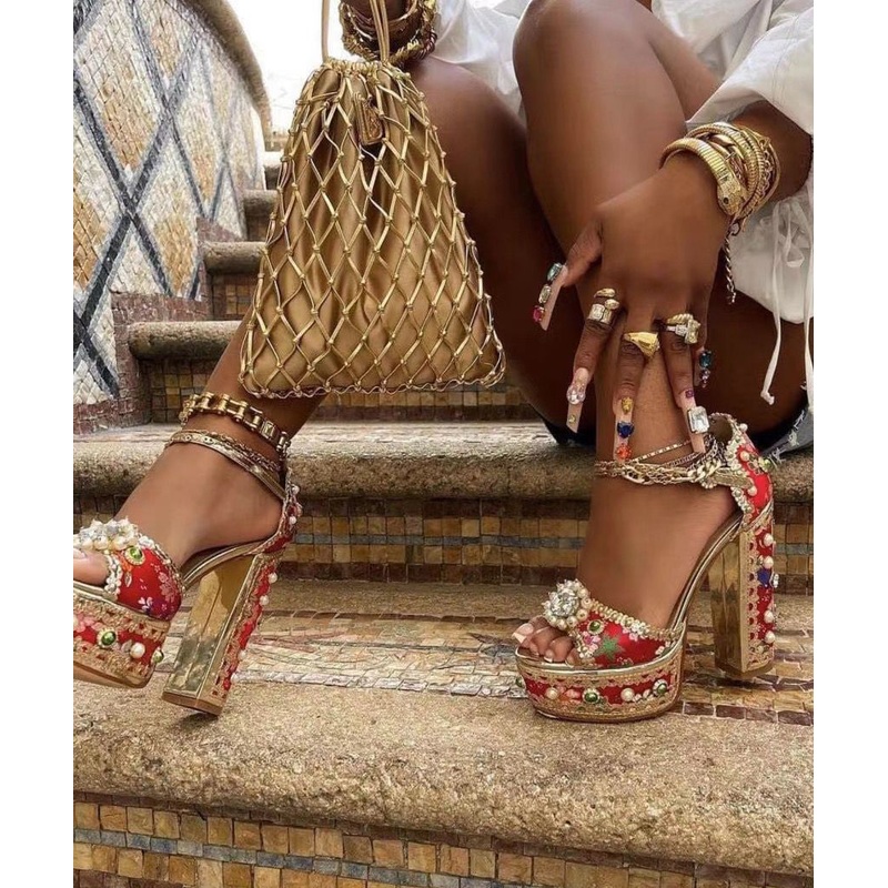 2025 Red Zircon Nail Bead Embroidered Platform Heels Sandals