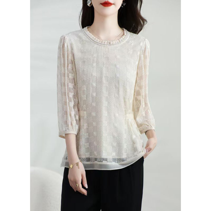 Apricot Silk T Shirt Top Classy O Neck Embroidered Bracelet Sleeve