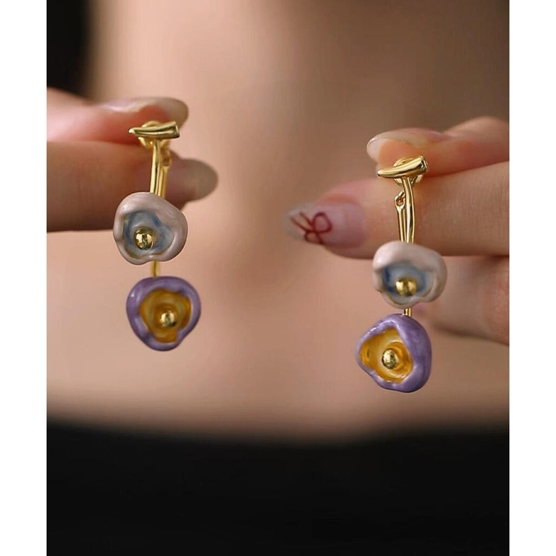 Art Gold Copper Orange Floral Tassel Drop Earrings