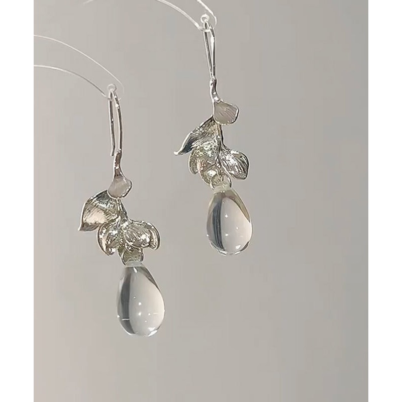 Art White Alloy Glass Leaves Water Droplet Drop Earrings
