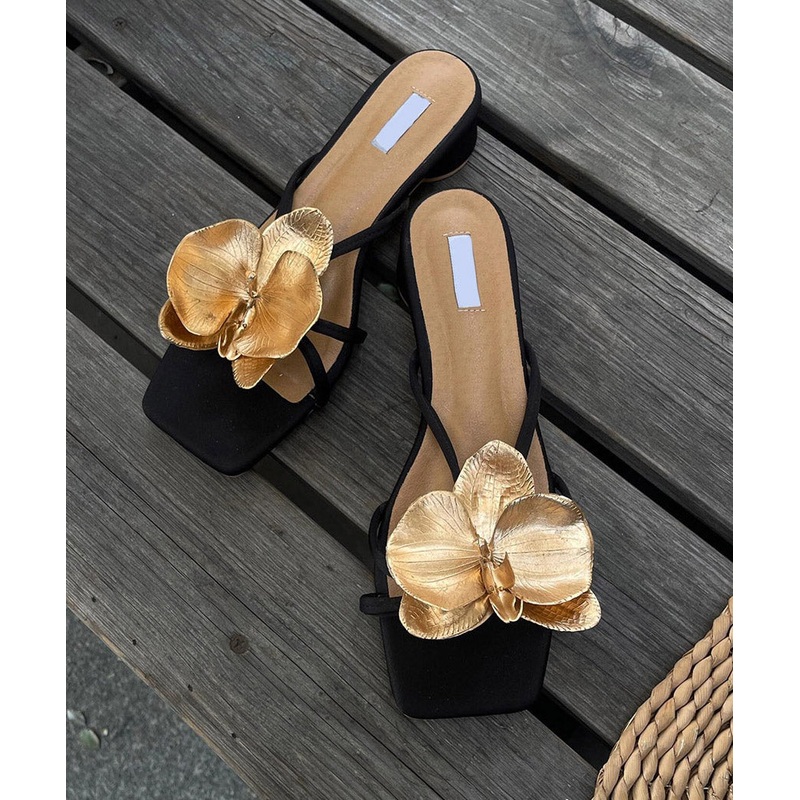 Black Chunky Faux Leather Stylish Floral Splicing Slide Sandals