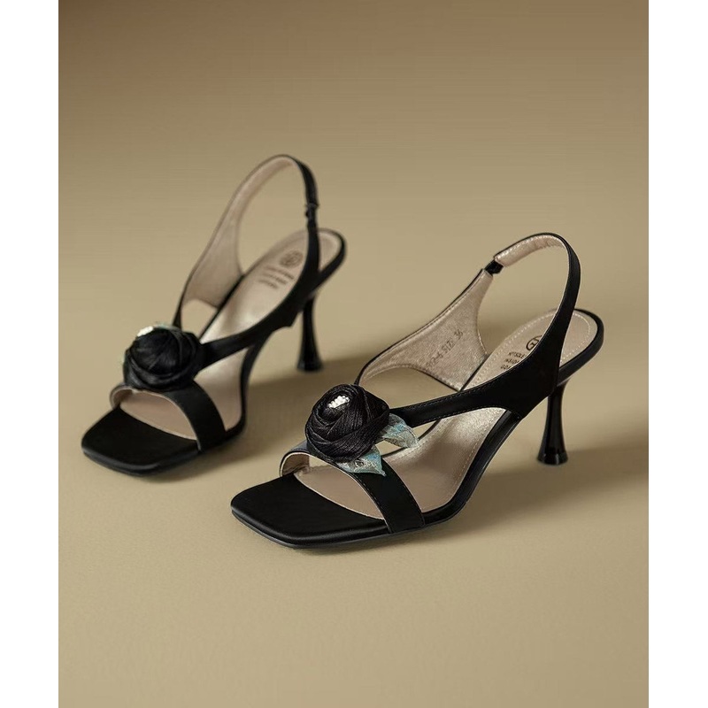 Black Floral Splicing High Heel Sandals Peep Toe