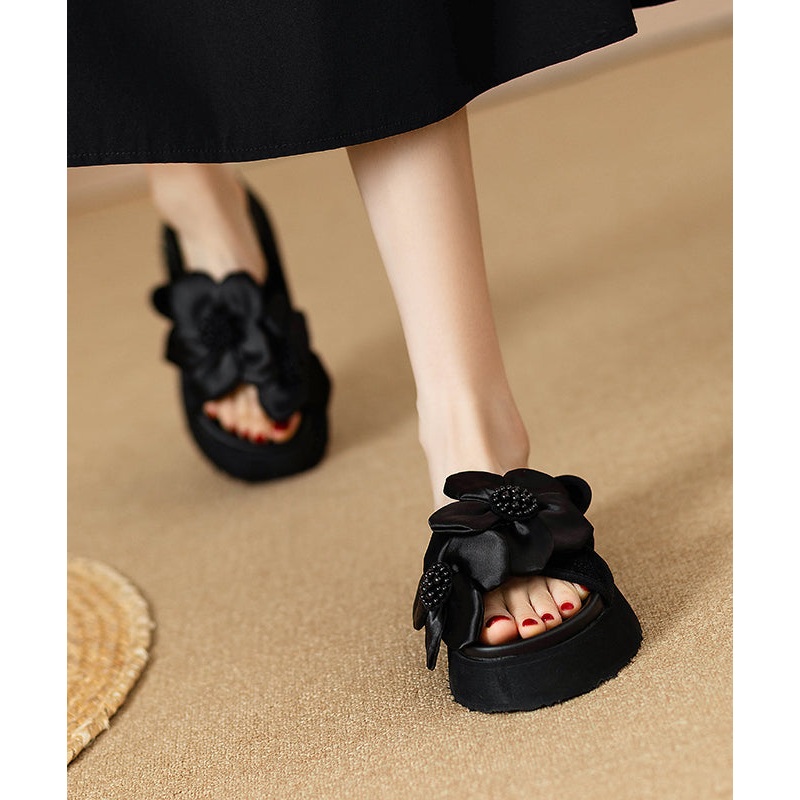 Black Platform Faux Leather Floral Splicing Slide Sandals