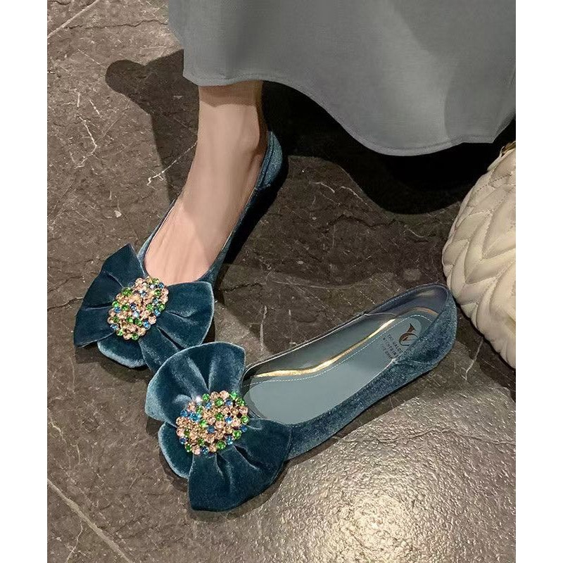 Blue Flat Feet Shoes Velour Chic Splicing Bow Zircon
