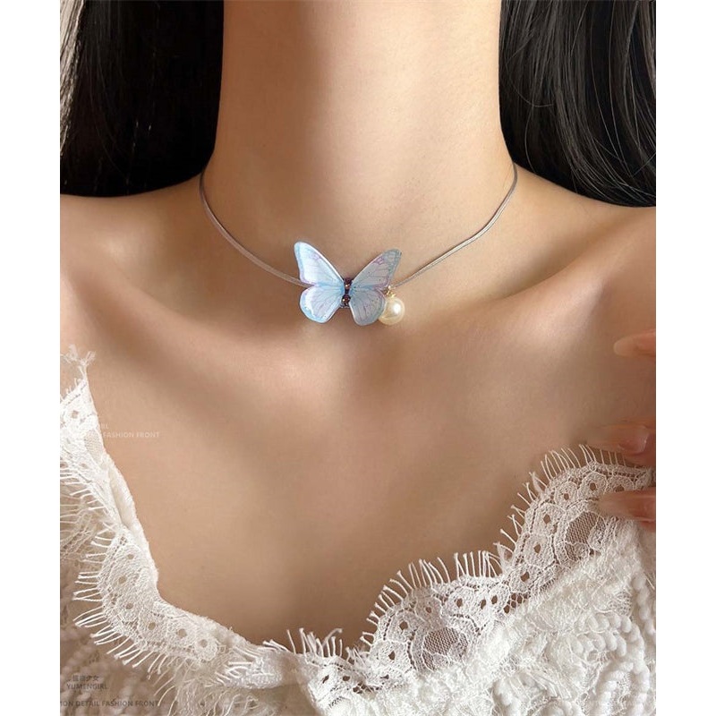Bohemian Blue Alloy Pearl Butterfly Princess Necklace