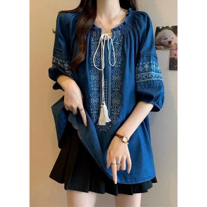 Boho Navy Ruffled Embroidered Cotton Blouses Bracelet Sleeve