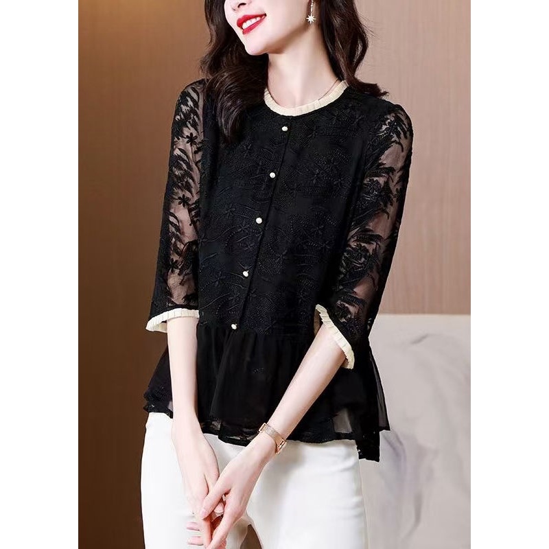 Boutique Black O-Neck Embroidered Silk Shirt Top Summer
