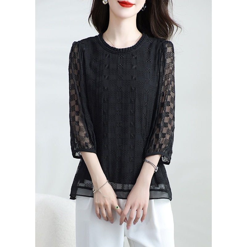 Boutique Black O Neck Embroidered Silk T Shirt Top Bracelet Sleeve