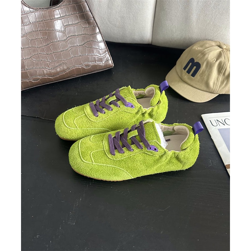 Boutique Green Lace Up Splicing Suede Flat Feet Shoes