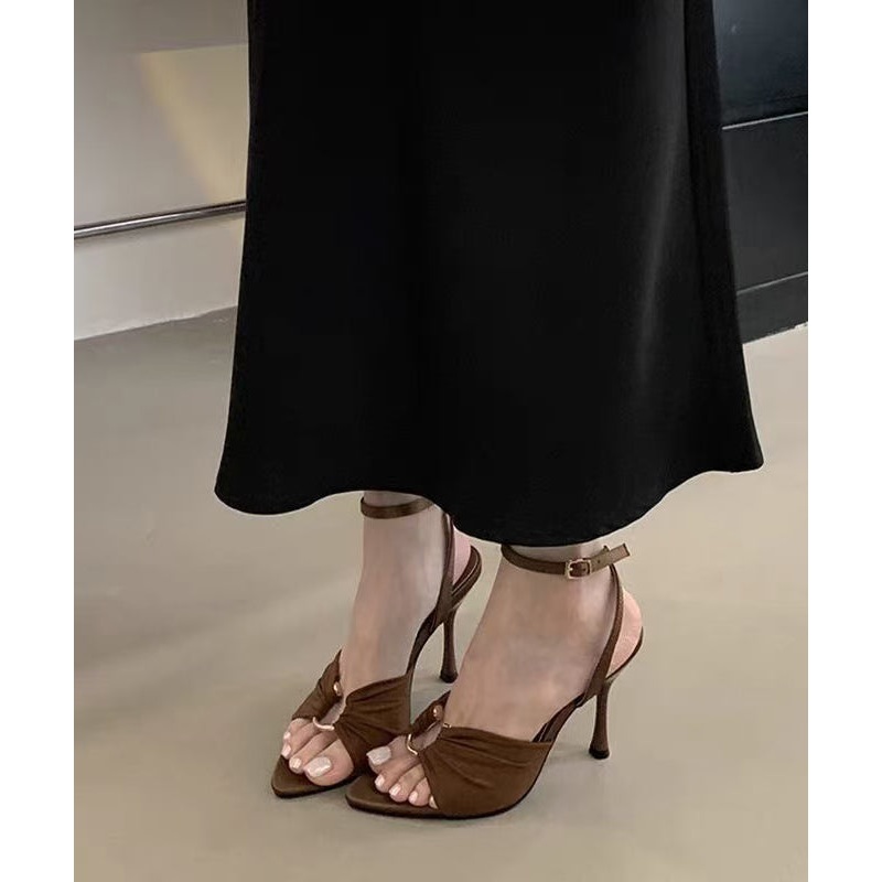 Brown Sandals Stiletto Satin Chic Splicing Peep Toe