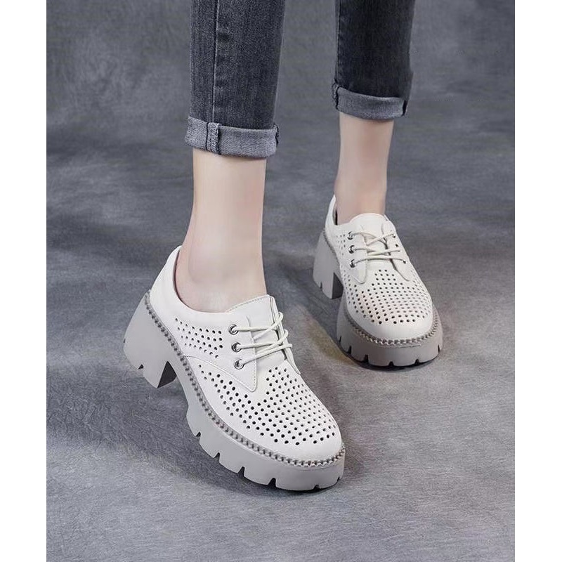 Casual Beige Splicing Chunky Heel Hollow Out Lace Up