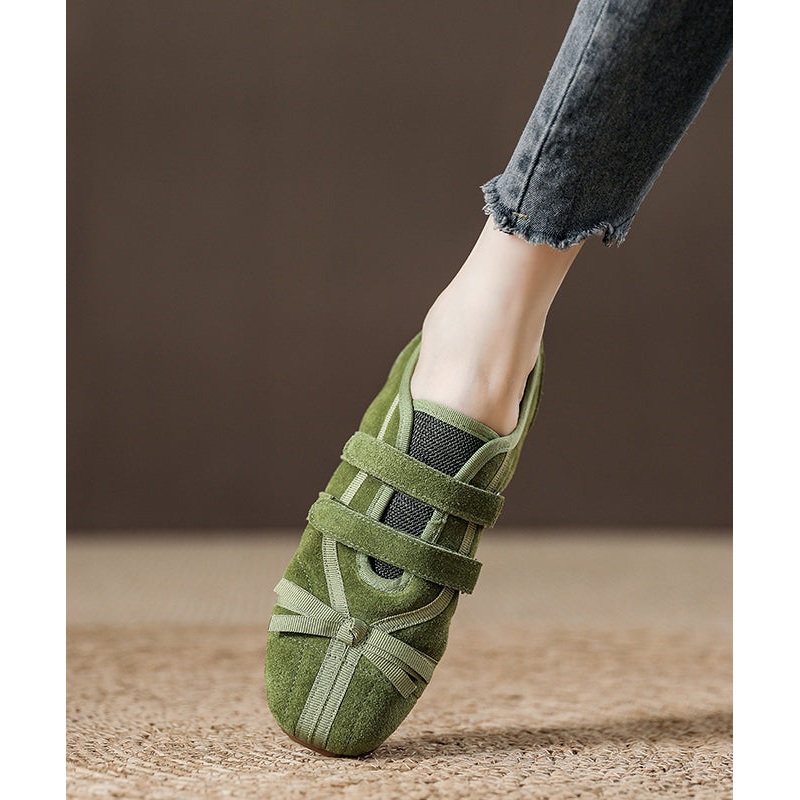 Casual Green Suede Buckle Strap Splicing Flat Shoes For Women