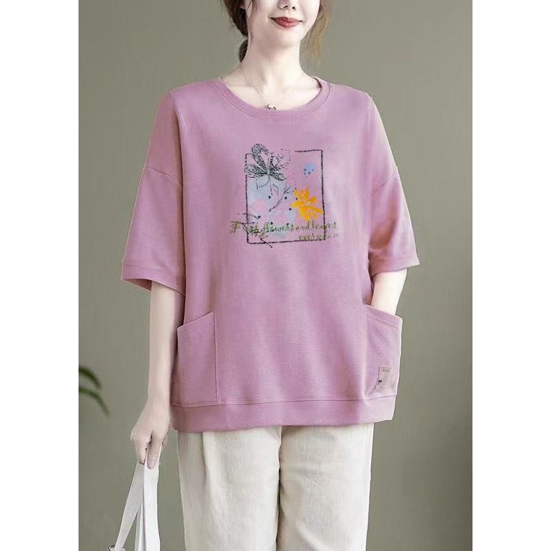 Casual Light Purple O Neck Pockets Patchwork Cotton Top Summer