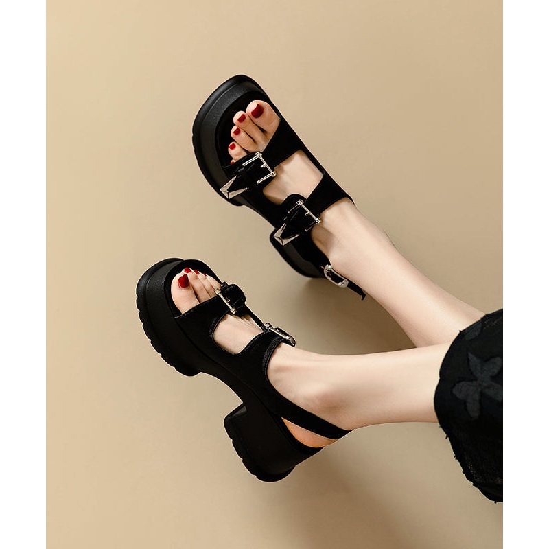 Chic Splicing Chunky Sandals Black Cowhide Leather Peep Toe