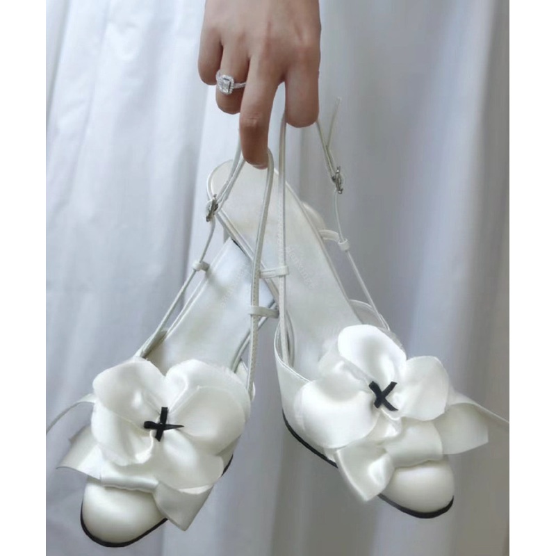 Chic White Satin Bow High Heels Splicing Floral