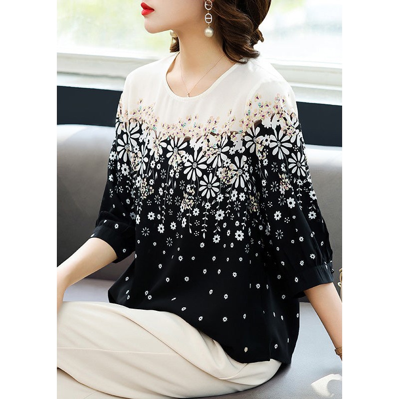 Classy Black O-Neck Print Chiffon Shirts Summer