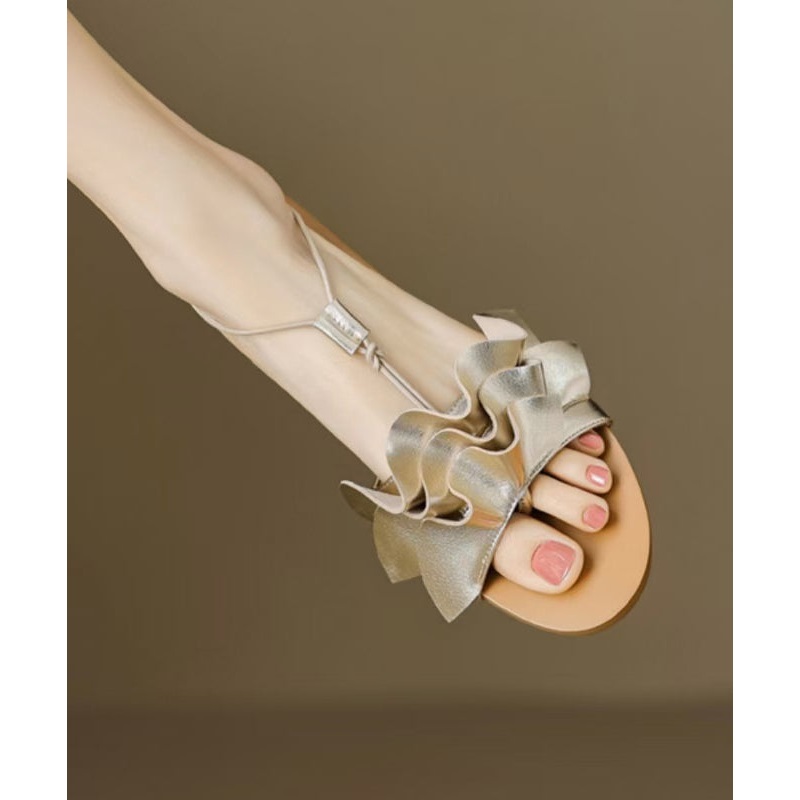 Fashion Gold Flat Sandals Splicing Wrinkled Peep Toe