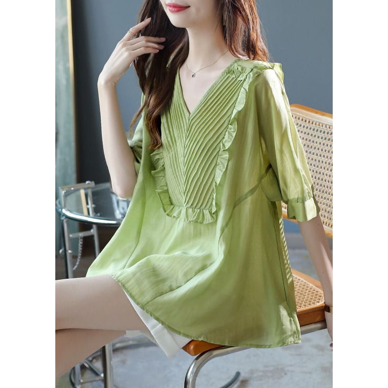 Fine Green V Neck Ruffled Patchwork Cotton Blouses Summer