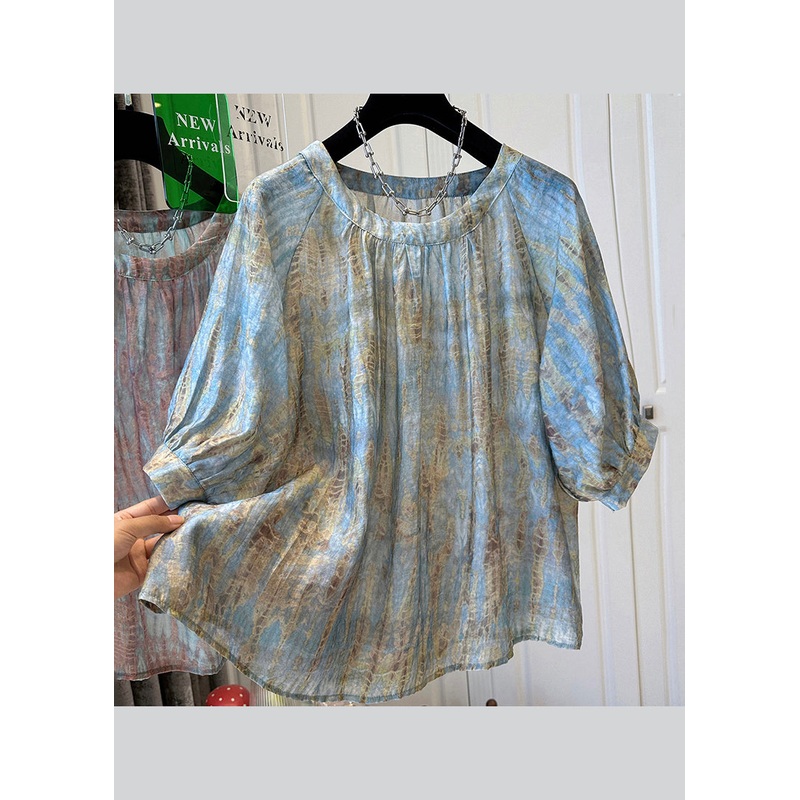 Handmade Blue O Neck Tie Dye Chiffon Top Bracelet Sleeve