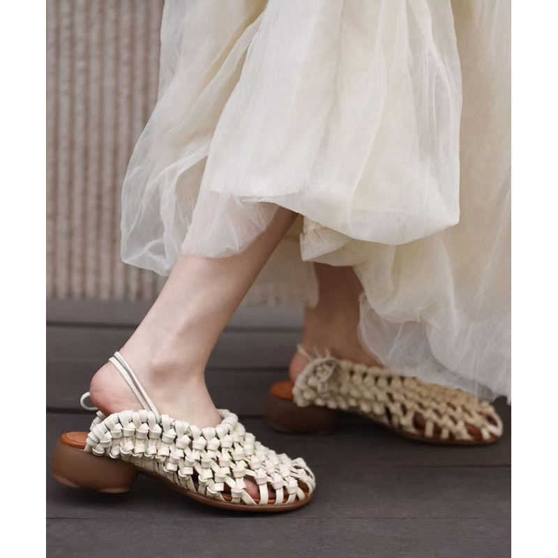 Handmade Comfy Beige Hollow Out Cowhide Leather Chunky Sandals