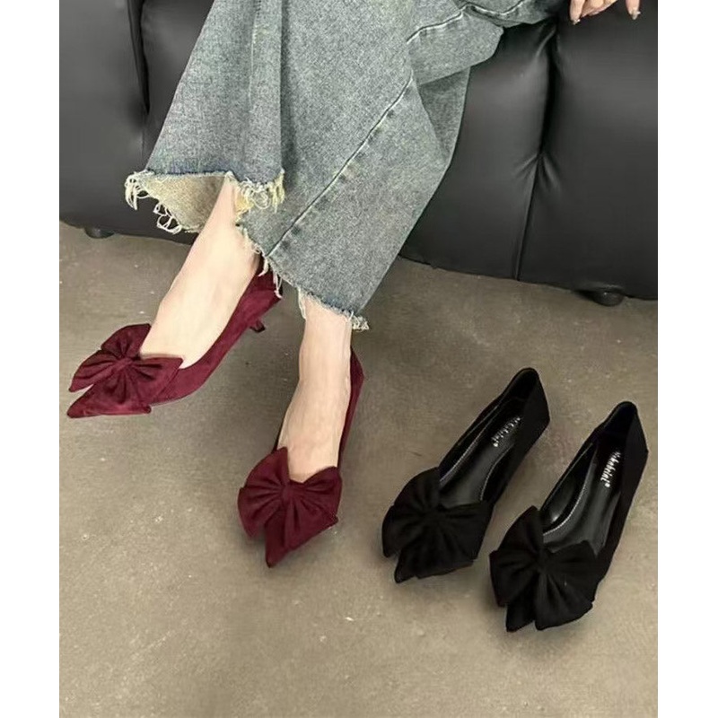 Mulberry Kitten Heels Suede 2025 Splicing Bow Pointed Toe
